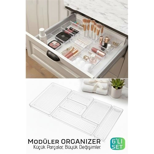 Buti̇k 6 Par&ccedil;a Mod&uuml;ler Kri̇stal &Ccedil;ekmece D&uuml;zenleyi̇ci̇ Seti̇ - L&uuml;ks Makyaj Takı Ve Ofi̇s Organi̇zeri̇