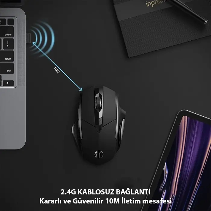 Buti̇k İnphi̇c Pm6 Kablosuz Fare Şarj Edi̇lebi̇li̇r Sessi̇z Kullanım 2.4G 500 Mah Usb Mouse-(5775)