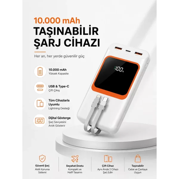 10.000 mAh Bataryalı Dijital Göstergeli Taşınabilir Powerbank
