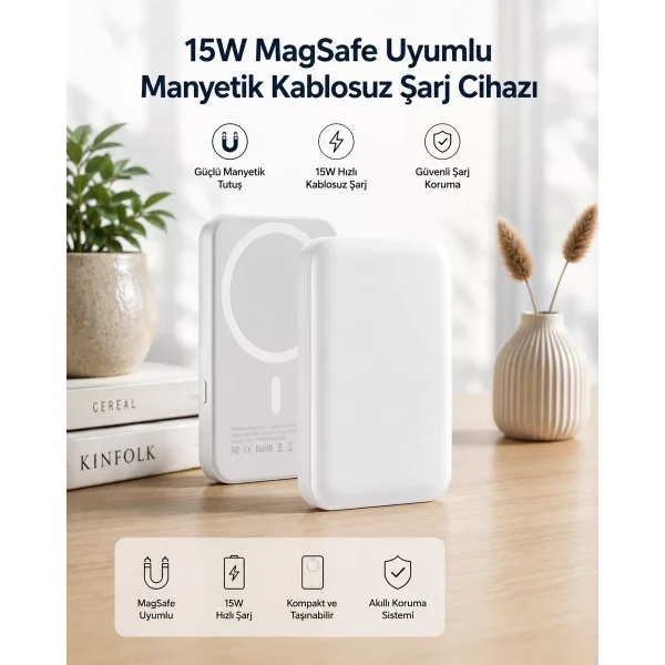 15W MagSafe Uyumlu Manyetik Kablosuz Powerbank 5000 mAh