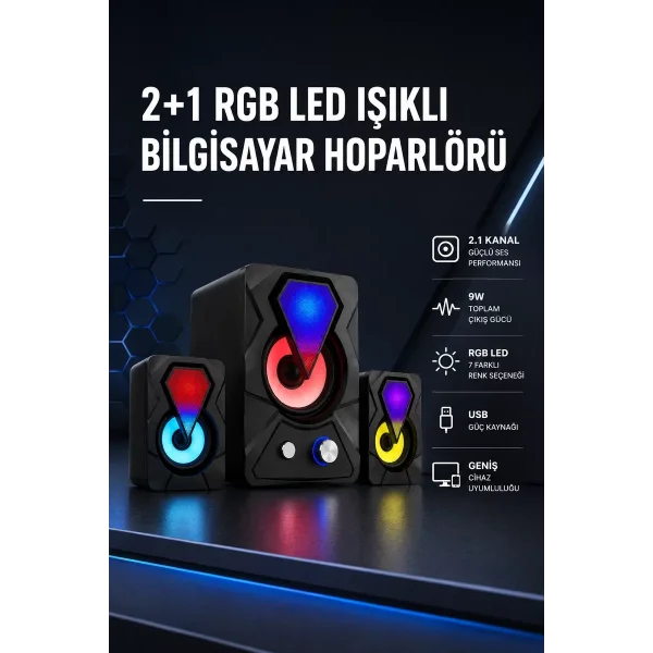 2+1 RGB LED Işıklı Güçlü Bas Sistemli Bilgisayar Hoparlörü