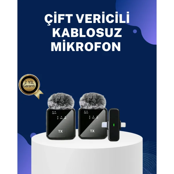 2in1 Kablosuz Yaka Mikrofonu iOS ve Android Uyumlu