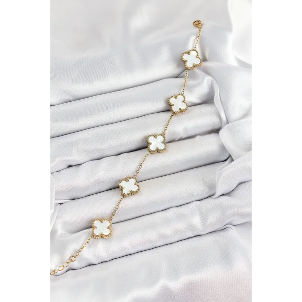 316L Çelik Beyaz Sedef Yonca Model Gold Renk Kadın Bileklik