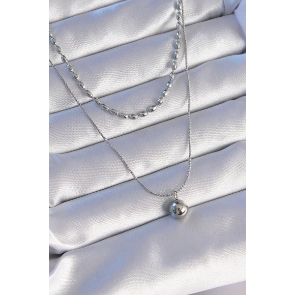 316L Çelik Çift Zincirli Gümüş Renk Topçuk Model Kolye
