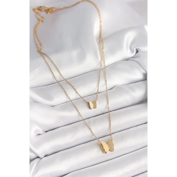 316L Çelik Gold Renk 2Li Simli Kelebek Model Kadın Kolye