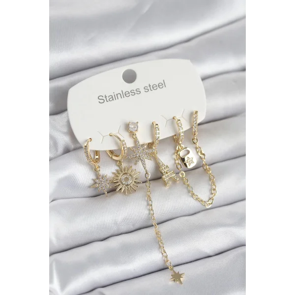 316L Çelik Gold Renk 6lı Set Charmlı Kadın Küpe