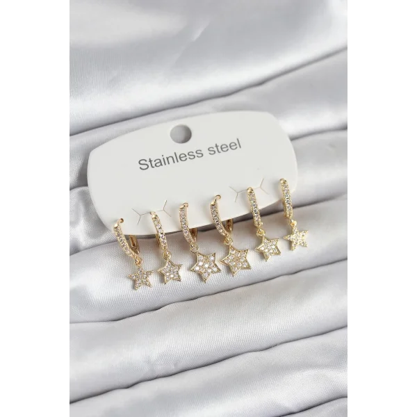 316L Çelik Gold Renk 6lı Set Yıldız Model Kadın Küpe