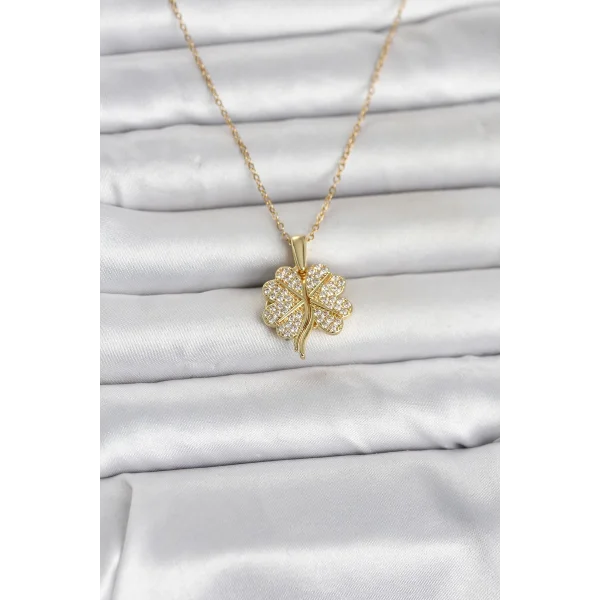 316L Çelik Gold Renk Açılabilir Yonca Model Zirkon Taşlı Kadın Kolye