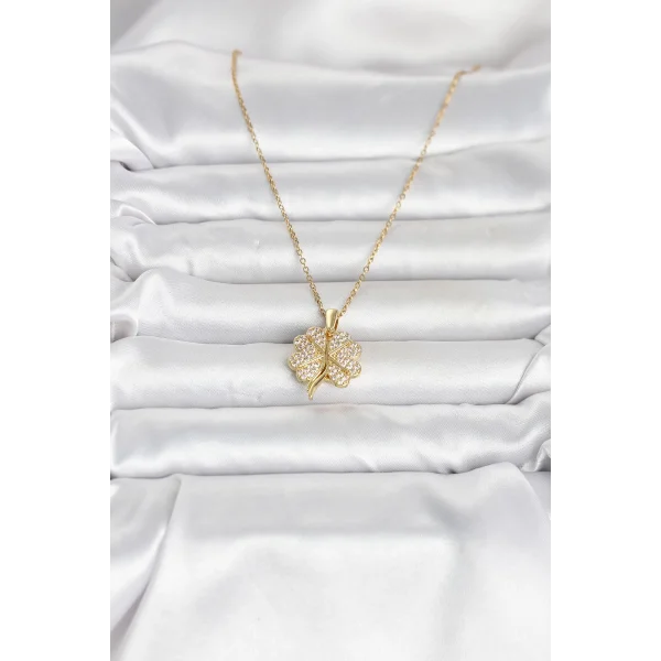 316L Çelik Gold Renk Açılabilir Yonca Model Zirkon Taşlı Kadın Kolye