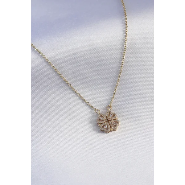 316L Çelik Gold Renk Açılır Zirkon Taşlı Yonca Model Kadın Kolye