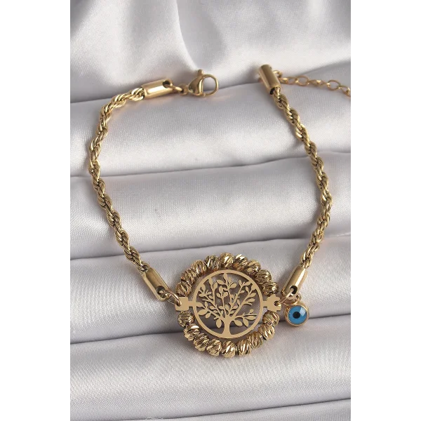 316L Çelik Gold Renk Burgu Zincir Model Dorika Yaşam Ağacı Figür Nazar Boncuk Detay Kadın Bileklik