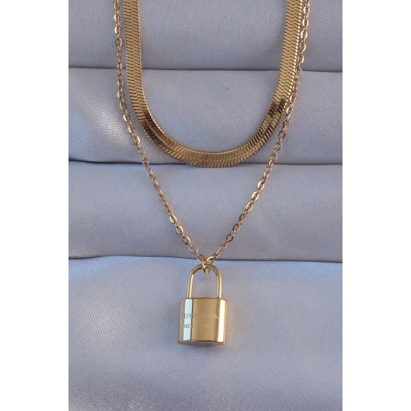 316L Çelik Gold Renk Çift Zincir Kilit Model Kolye