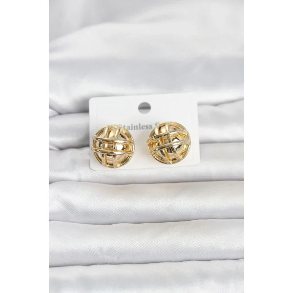 316L Çelik Gold Renk Desenli Top Model Kadın Küpe