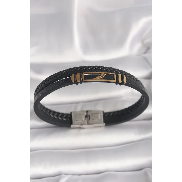 316L Çelik Gold Renk Kanat Aksesuarlı Siyah Burgu Model Deri Kordon Erkek Bileklik