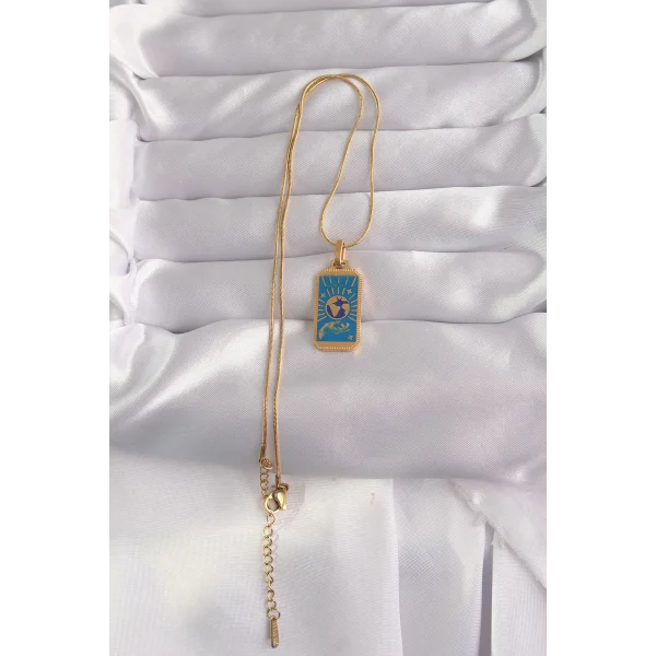 316L Çelik Gold Renk Mavi Mineli El Figür Tarot Kolye
