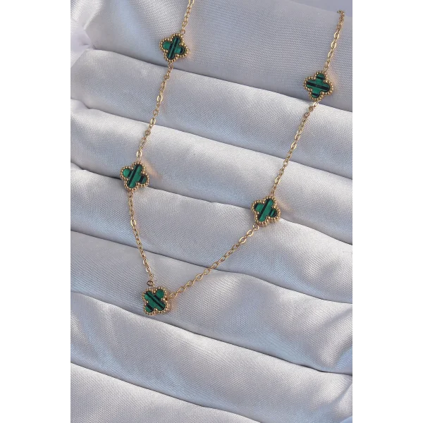 316L Çelik Gold Renk Minimal Yeşil Mineli Yonca Kolye