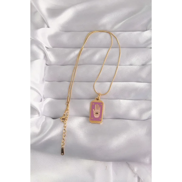 316L Çelik Gold Renk Mor Mineli El Figür Tarot Kolye