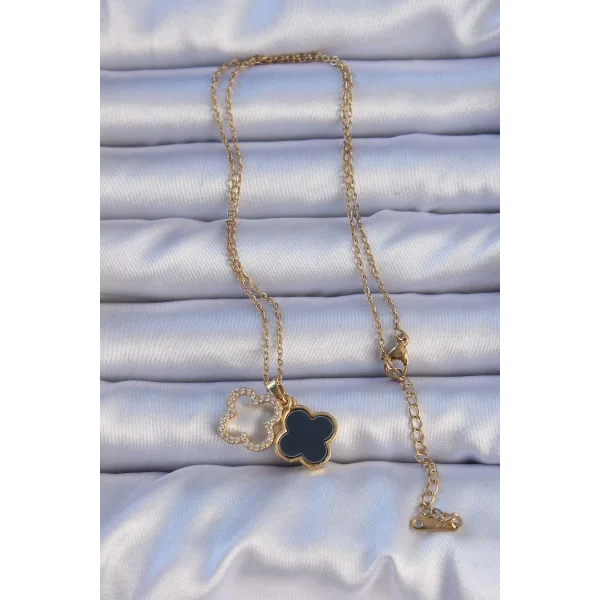 316L Çelik Gold Renk Siyah Mineli Zirkon Taşlı Yonca Figürlü Kolye