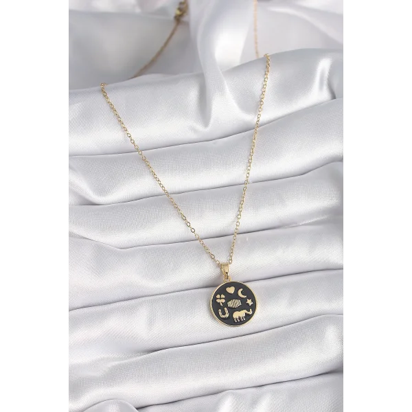 316L Çelik Gold Renk Siyah Şans Kolyesi