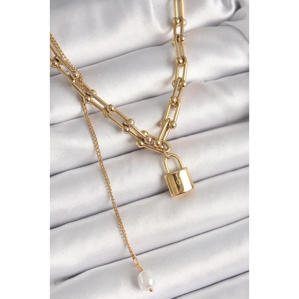 316L Çelik Gold Renk Tifany Zincir Model Kilit Figür Sallantı İnci Detay Kadın Kolye