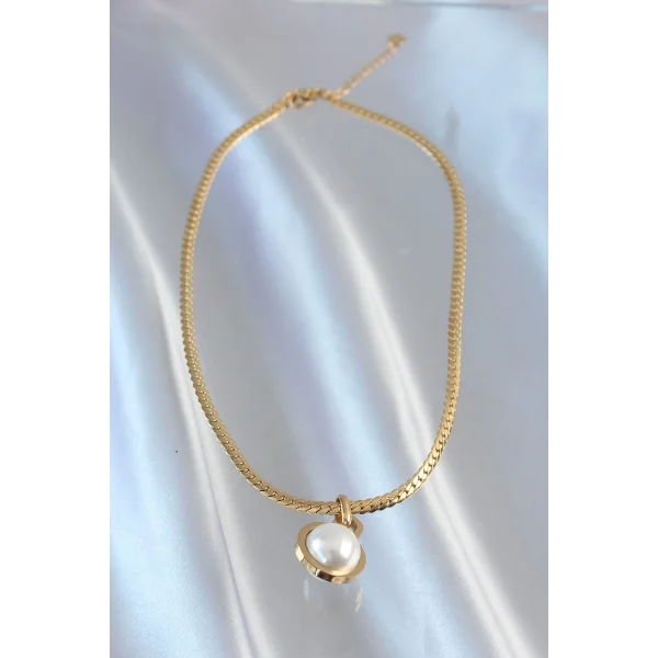 316L Çelik Gold Renk Yassı Zincir İnci Taşlı Kolye