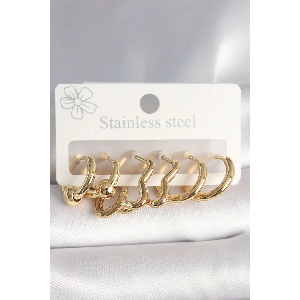 316L Çelik Gold Renk Yıldız Halka Model Kadın Küpe Seti