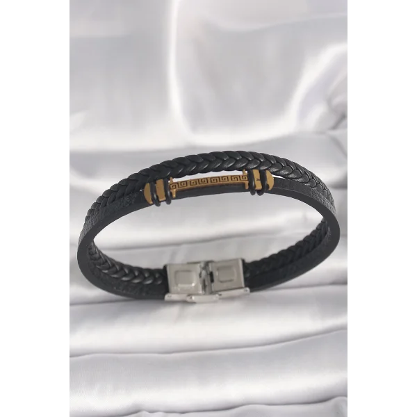 316L Çelik Gold Renk ZikZak İşlemeli Aksesuarlı Çift Sıra Burgu Desenli Deri Kordon Erkek Bileklik