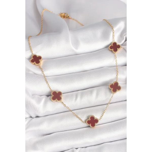 316L Çelik Gold Renk Zincir Bordo Yonca Model Kadın Kolye