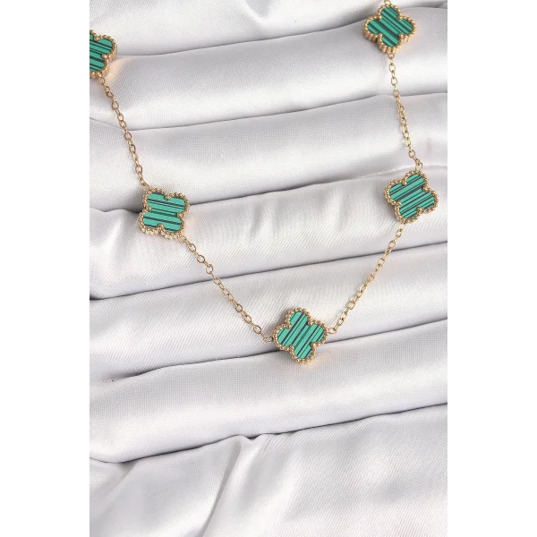 316L Çelik Gold Renk Zincir Yeşil Yonca Model Kadın Kolye