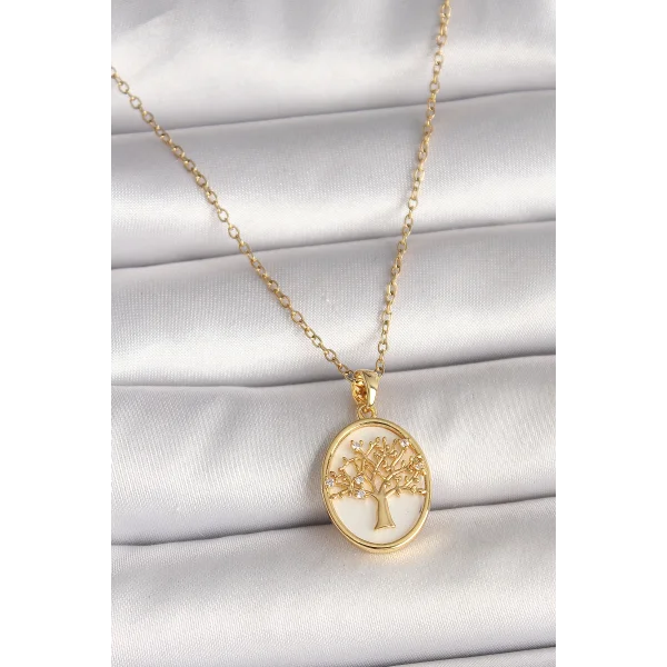 316L Çelik Gold Renk Zincir Zirkon Taş Detaylı Beyaz Mineli Ağaç İşlemeli Portre Model Kadın Kolye