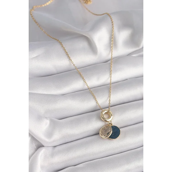 316L Çelik Gold Renk Zincir Zirkon Taşlı Kalp Model Mavi Simli Kadın Kolye