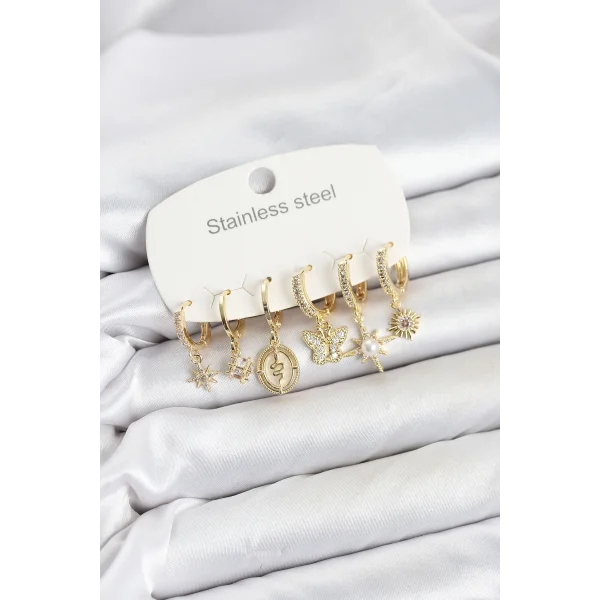 316L Çelik Gold Renk Zirkon Taşlı Charm Detaylı Kadın Küpe Seti