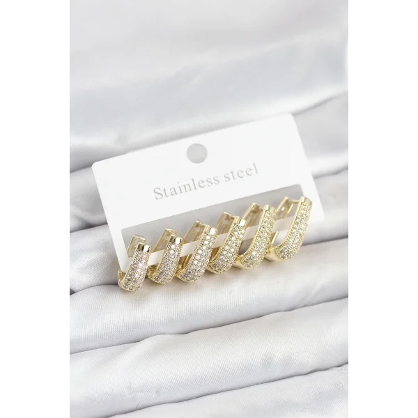 316L Çelik Gold Renk Zirkon Taşlı Damla Halka Küpe Seti