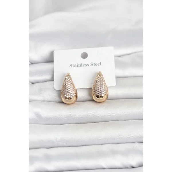 316L Çelik Gold Renk Zirkon Taşlı Damla Model Kadın Küpe