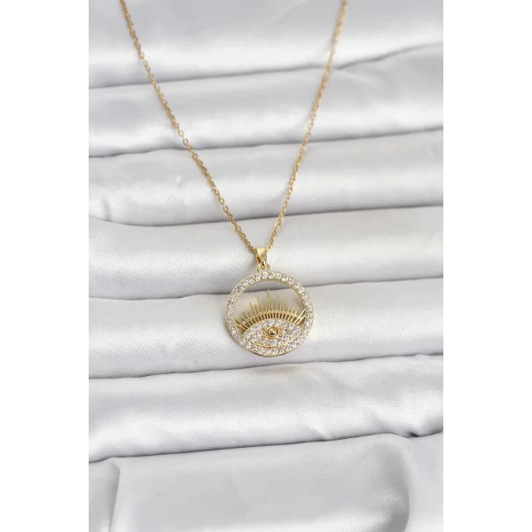 316L Çelik Gold Renk Zirkon Taşlı Göz Model Kadın Kolye