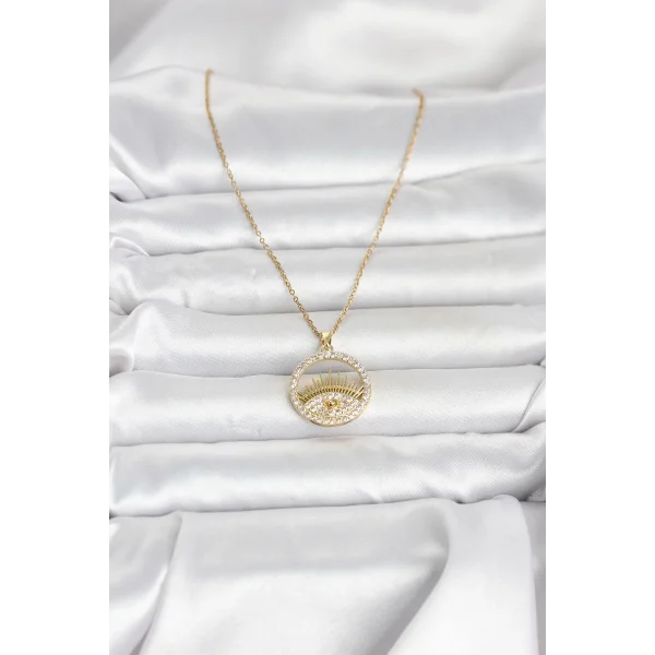 316L Çelik Gold Renk Zirkon Taşlı Göz Model Kadın Kolye