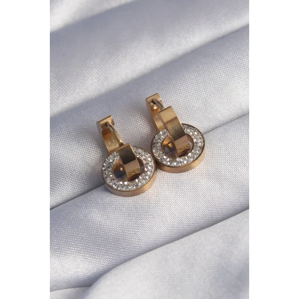 316L Çelik Gold Renk Zirkon Taşlı İç İçe Geçmeli Oval Küpe