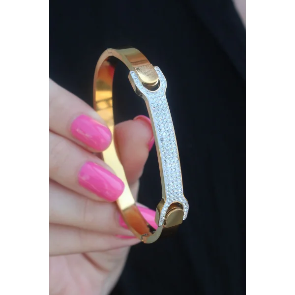 316L Çelik Gold Renk Zirkon Taşlı Kadın Kelepçe