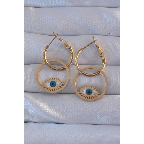 316L Çelik Gold Renk Zirkon Taşlı Mavi Göz Tasarımlı Halka Küpe