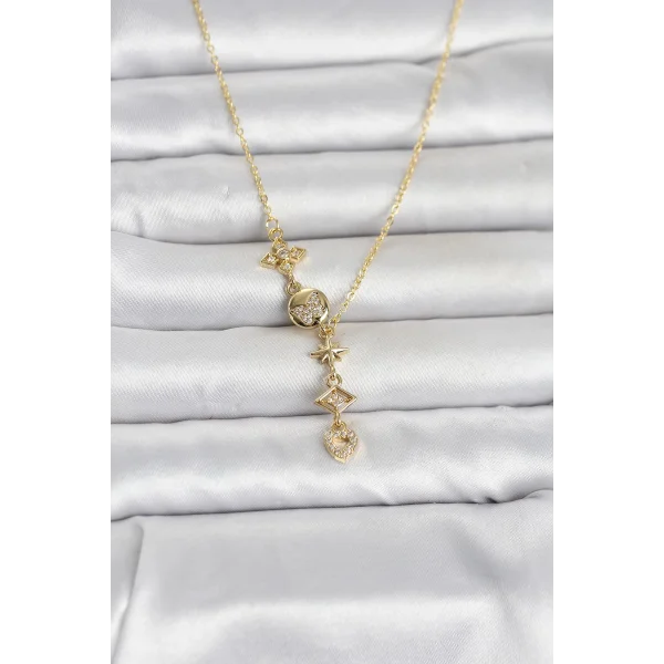 316L Çelik Gold Renk Zirkon Taşlı Y Kadın Kolye