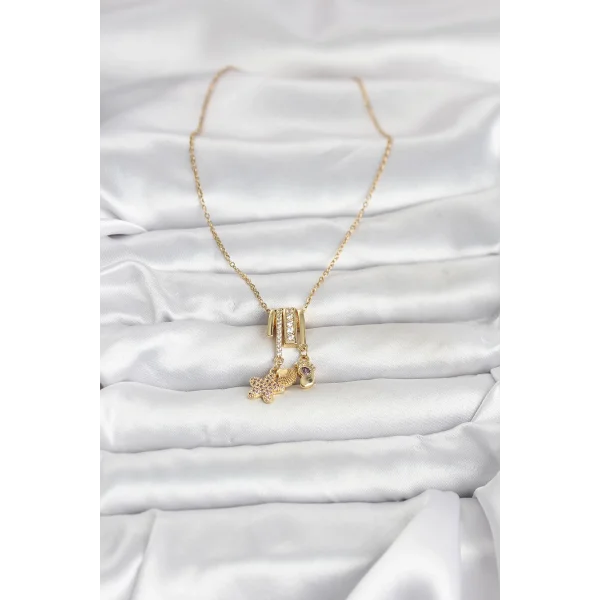 316L Çelik Gold Zirkon Taşlı Deniz Tema Charmlı Kadın Kolye