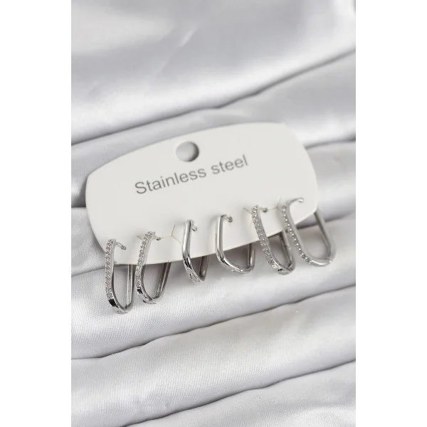 316L Çelik Gümüş Renk 6lı Set Geometrik Model Kadın Küpe