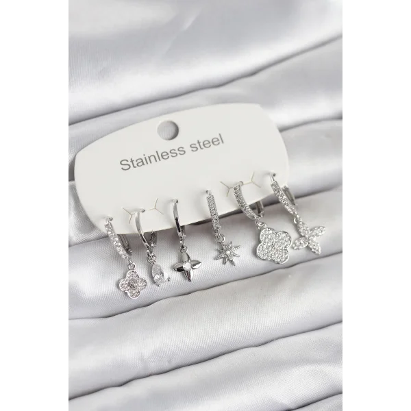 316L Çelik Gümüş Renk 6lı Set Yonca Model Kadın Küpe