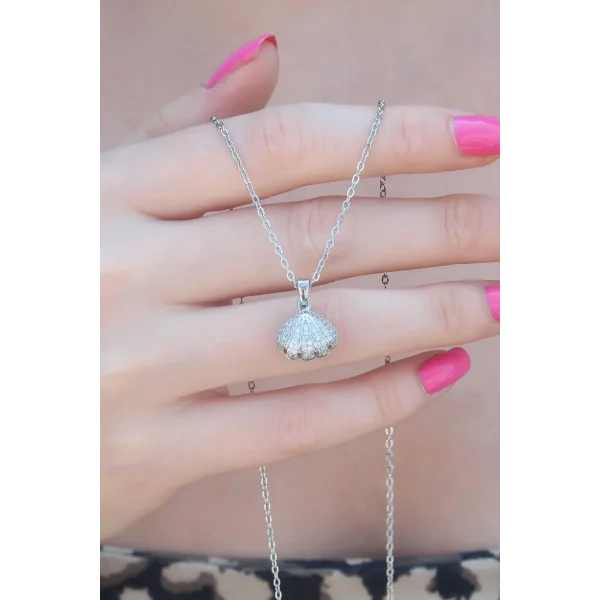 316L Çelik Gümüş Renk Açılır Midye Model Kadın Kolye