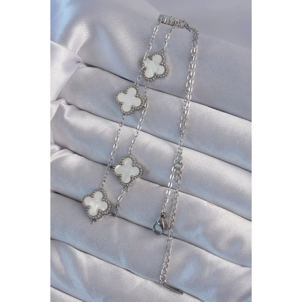 316L Çelik Gümüş Renk Beyaz Sedefli Yonca Kolye