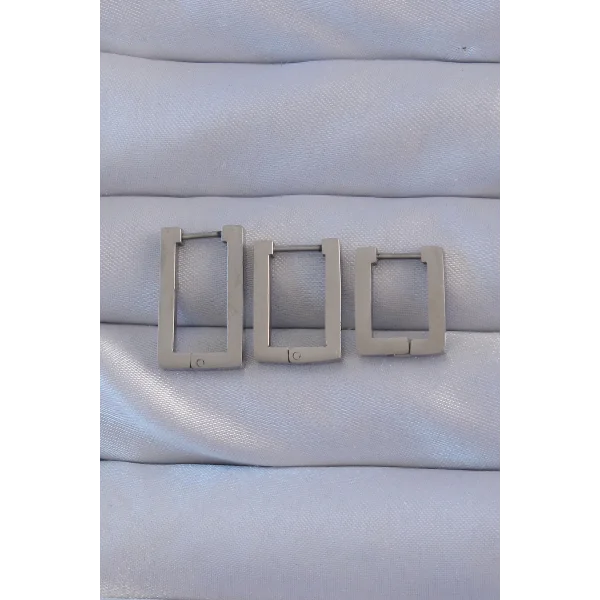 316L Çelik Gümüş Renk Dikdörtgen Küpe Seti