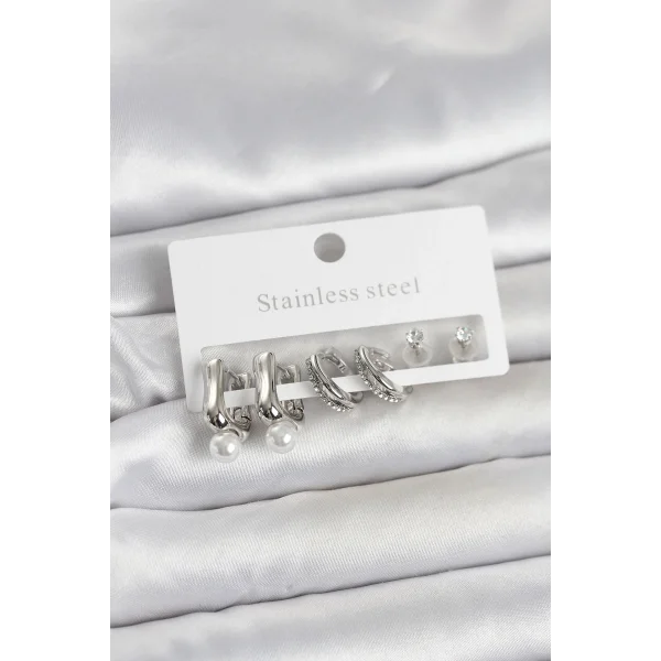 316L Çelik Gümüş Renk Kadın Küpe Seti