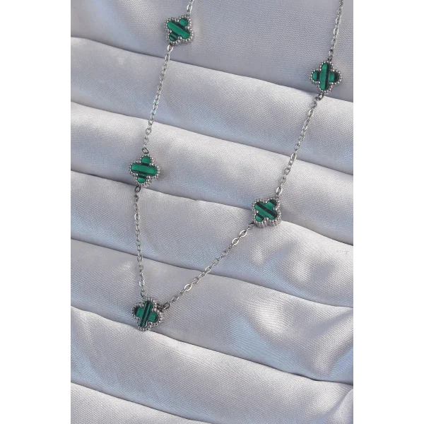 316L Çelik Gümüş Renk Minimal Yeşil Mineli Yonca Kolye