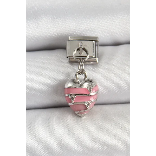 316L Çelik Gümüş Renk Pembe Kalp Model Nomination Charm