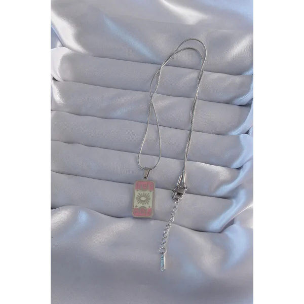 316L Çelik Gümüş Renk Pembe Mineli Ay Figür Tarot Kolye